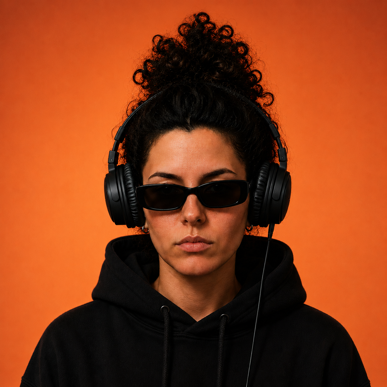 Daria Osipova, DJ Bloody Tomato, wearing headphones against a tomato-orange background
